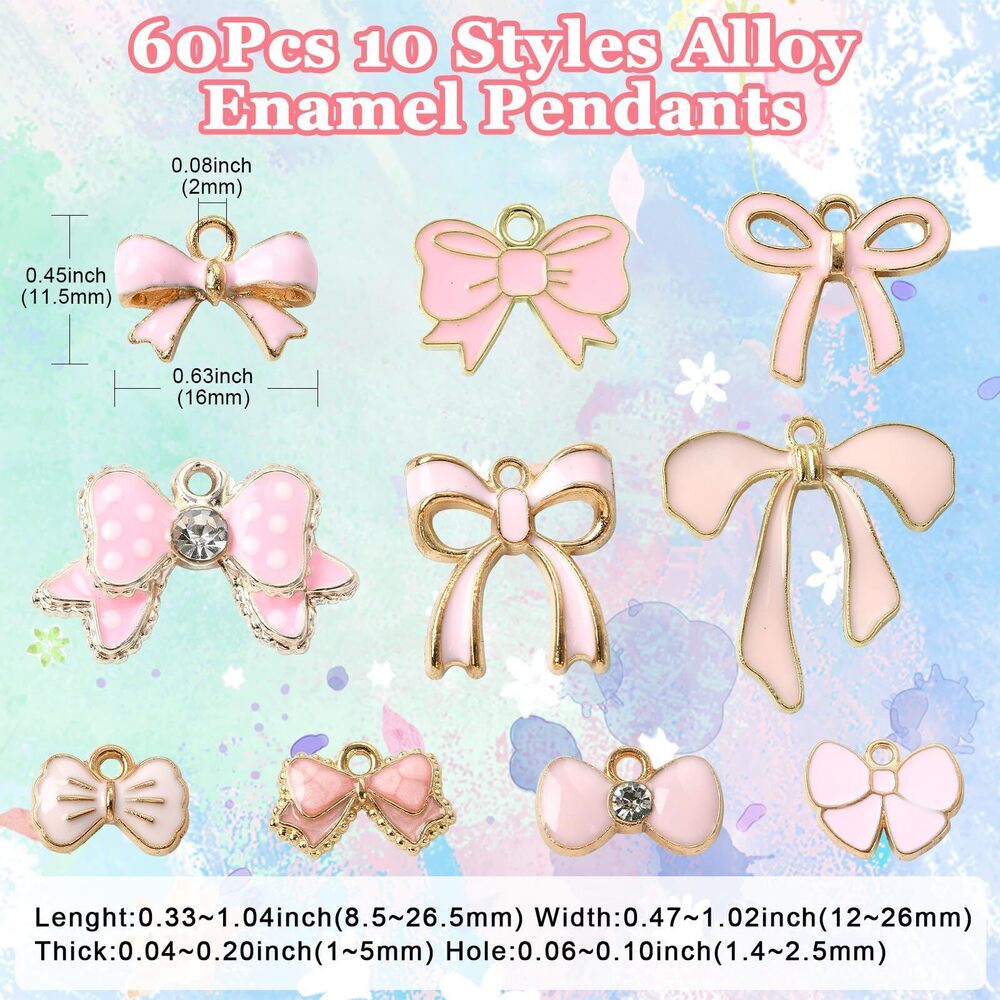 4325 60 pcs 10 Styles Enamel Bow Charms Pink Bowknot Charms Kawaii Bow Tie - Picture 2 of 7